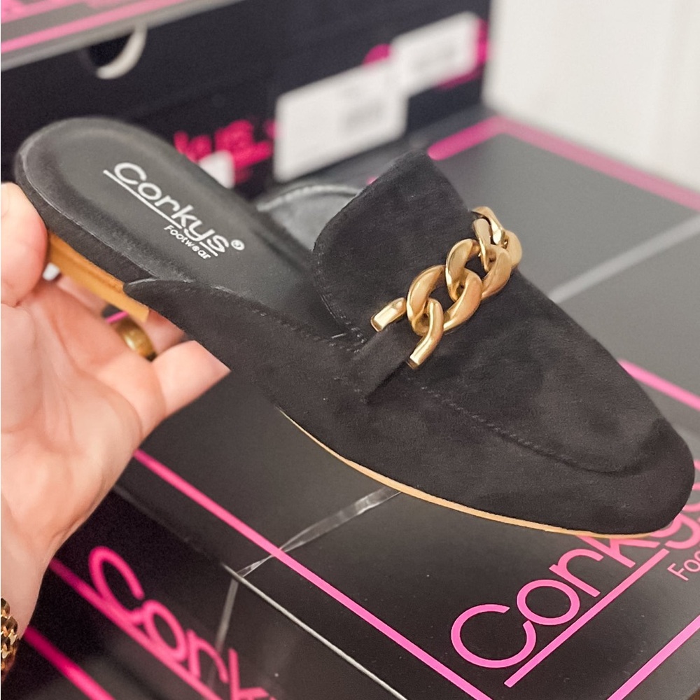 Corkys Footwear Keepsake Black Faux Suede Mule with chunky gold chain